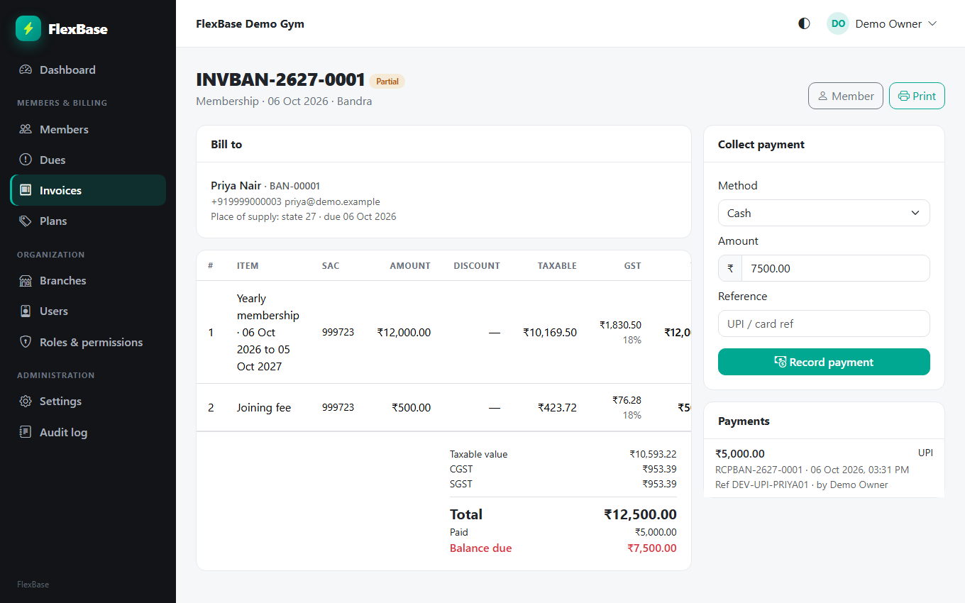 A GST invoice with taxable value, CGST and SGST, and a panel to collect payment